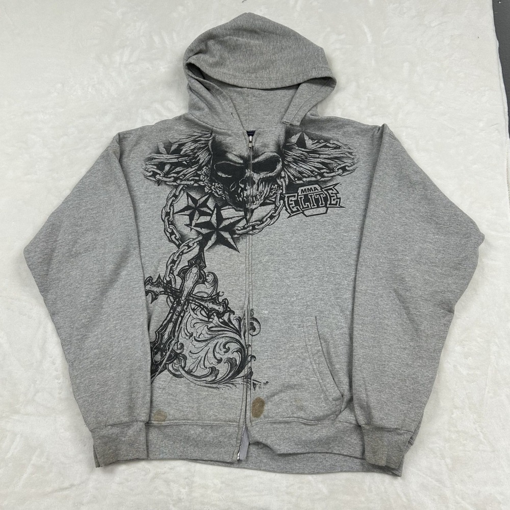 MMA Elite Zip Hoodie Mens XL Gray Skull Cross Graphic B&E Sport Sweatshirt